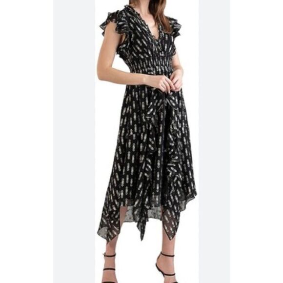 Shoshanna Maxine smocked metallic printed ruffled midi dress 6 - Picture 1 of 11